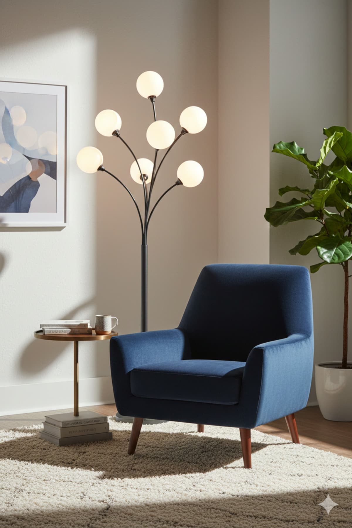 5 Kollu Modern Gold Lambader - Küre Cam Başlıklı Mid-Century Ark Aydınlatma - 185 cm