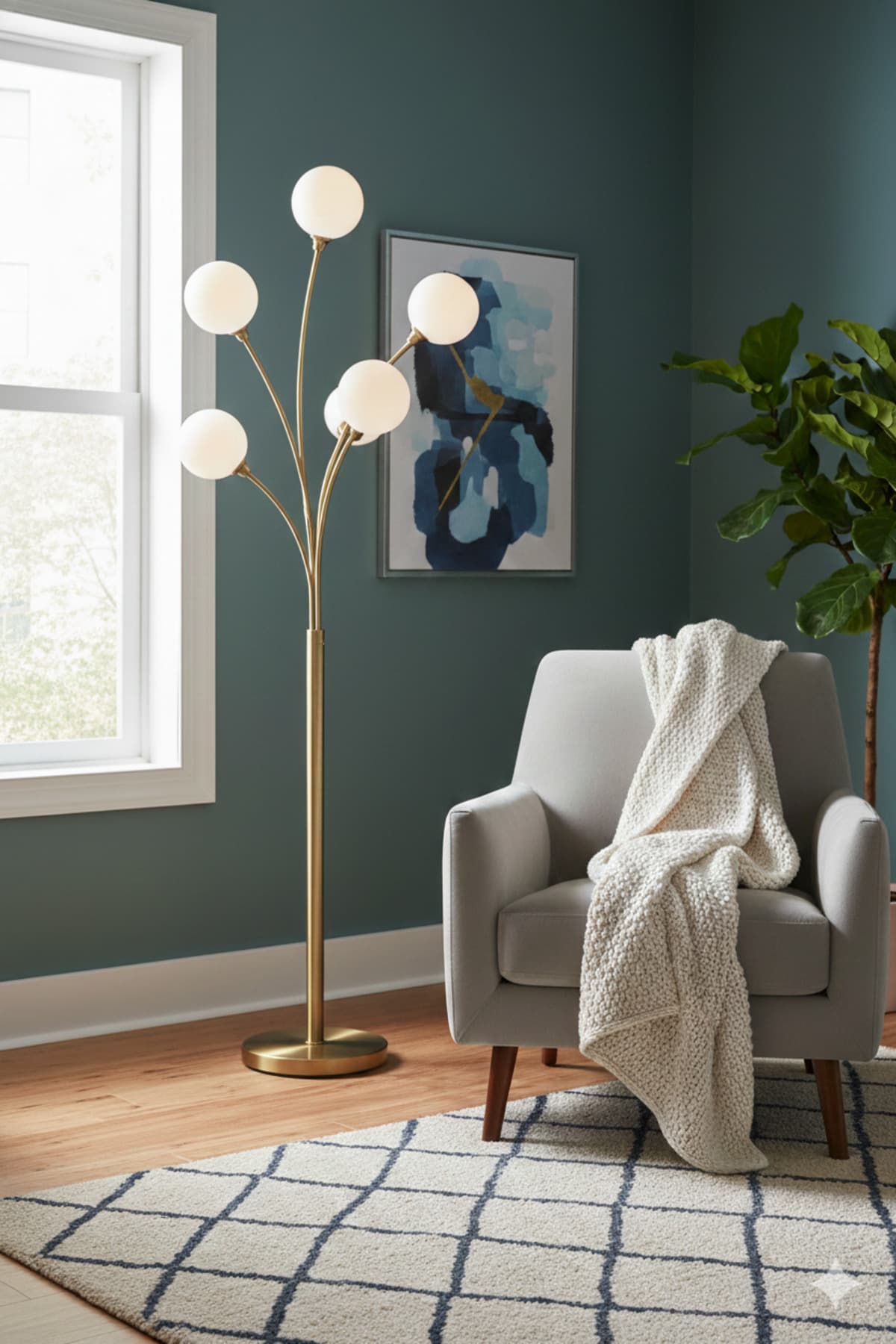 5 Kollu Modern Gold Lambader - Küre Cam Başlıklı Mid-Century Ark Aydınlatma - 185 cm