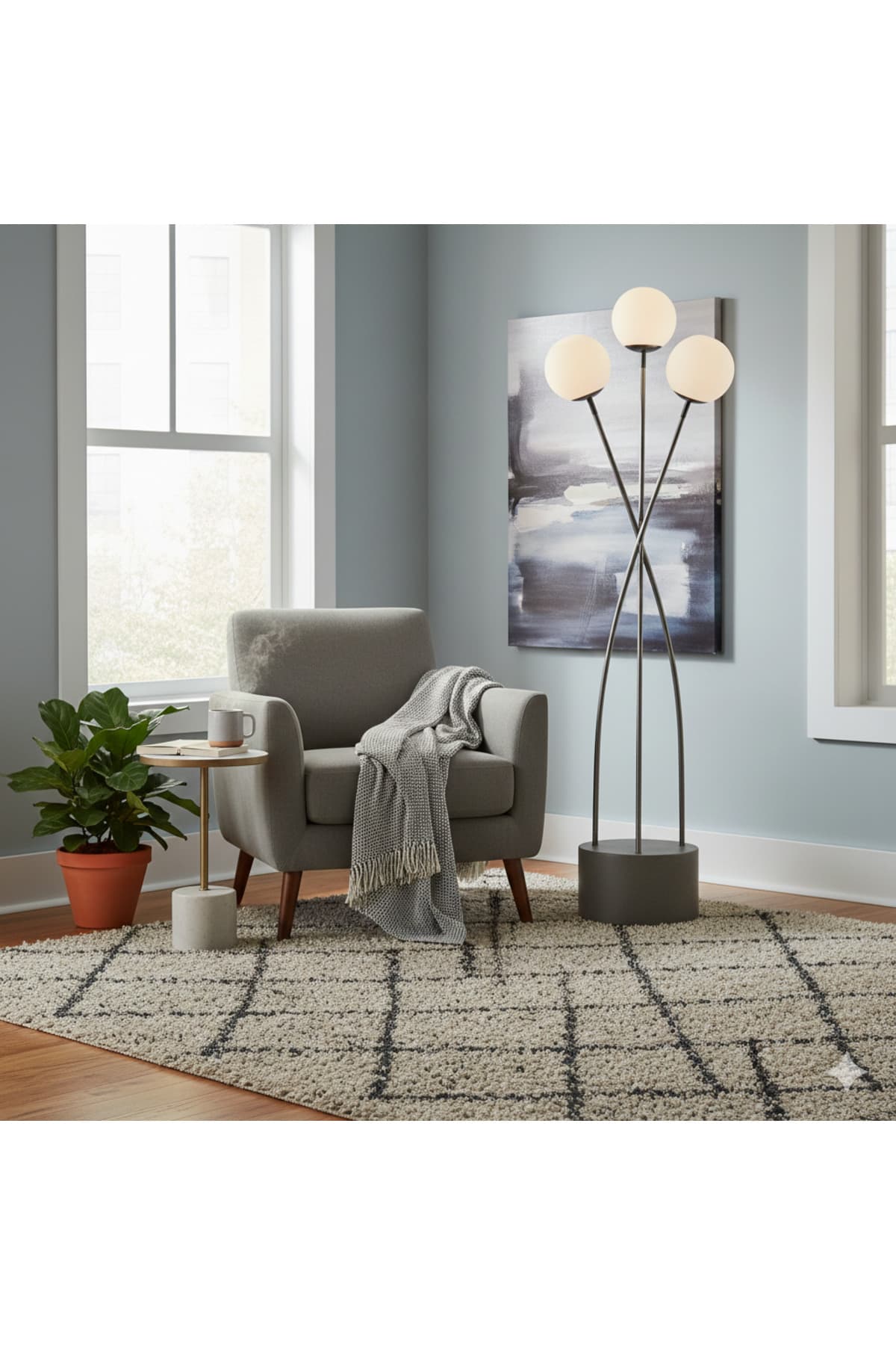 Lumina Sphere – Üçlü Modern Tasarım Mat Siyah Metal Lambader